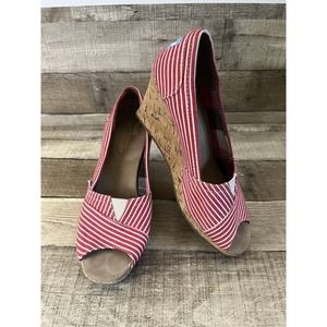 Toms Red and White Striped Peep-Toe Wedges Espadrilles Size W7